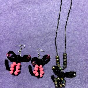 Pink and Black Animal Friends Beaded Jewelry Set Handmade